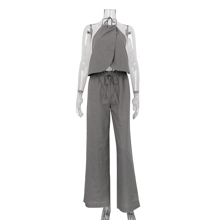 Summer Sexy Two Piece Suit Lace Up Halterneck Vest Sleeveless Top Women Wide Leg Pants Suit