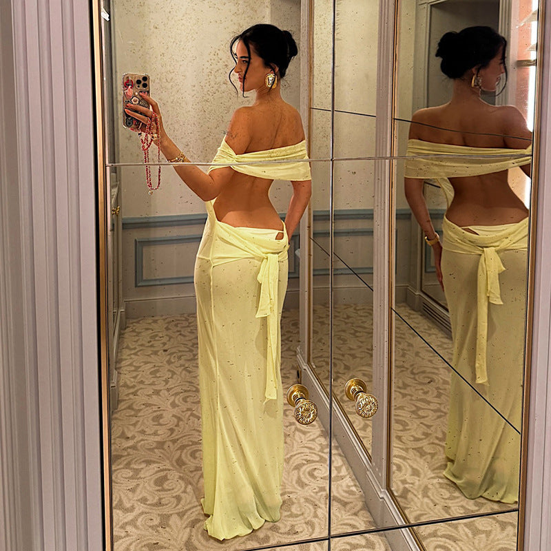 Yellow Sheer Mesh Backless Sheath Dress with Ruched Tie Detail