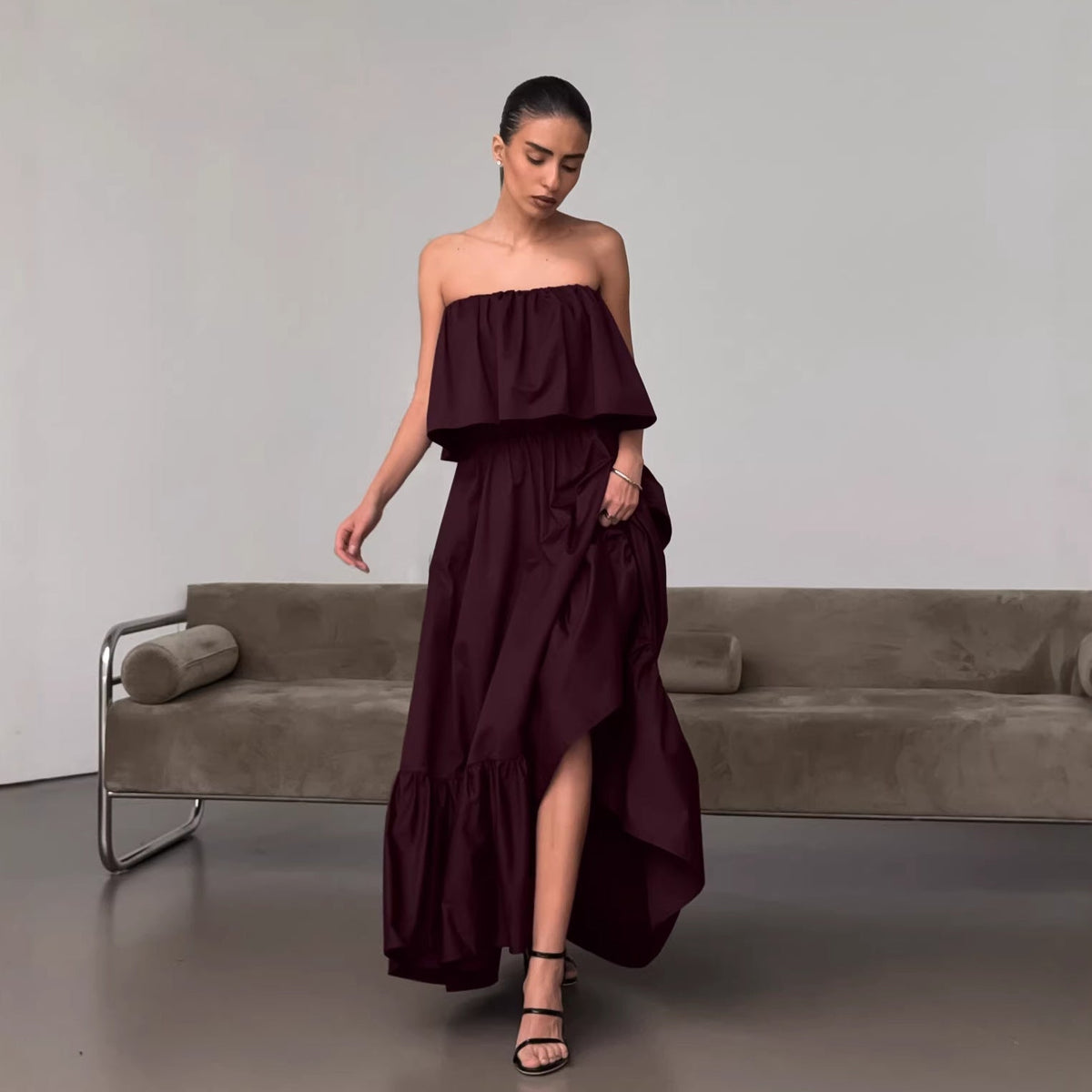 Spring Summer French Ruffled Tube Top Elegant Dress Women Office Elegant Dress