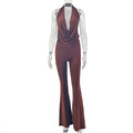 Slim Fit Women Loose Halter Slimming Jumpsuit Sports Pleated Swing Collar Solid Color Long Jumpsuit