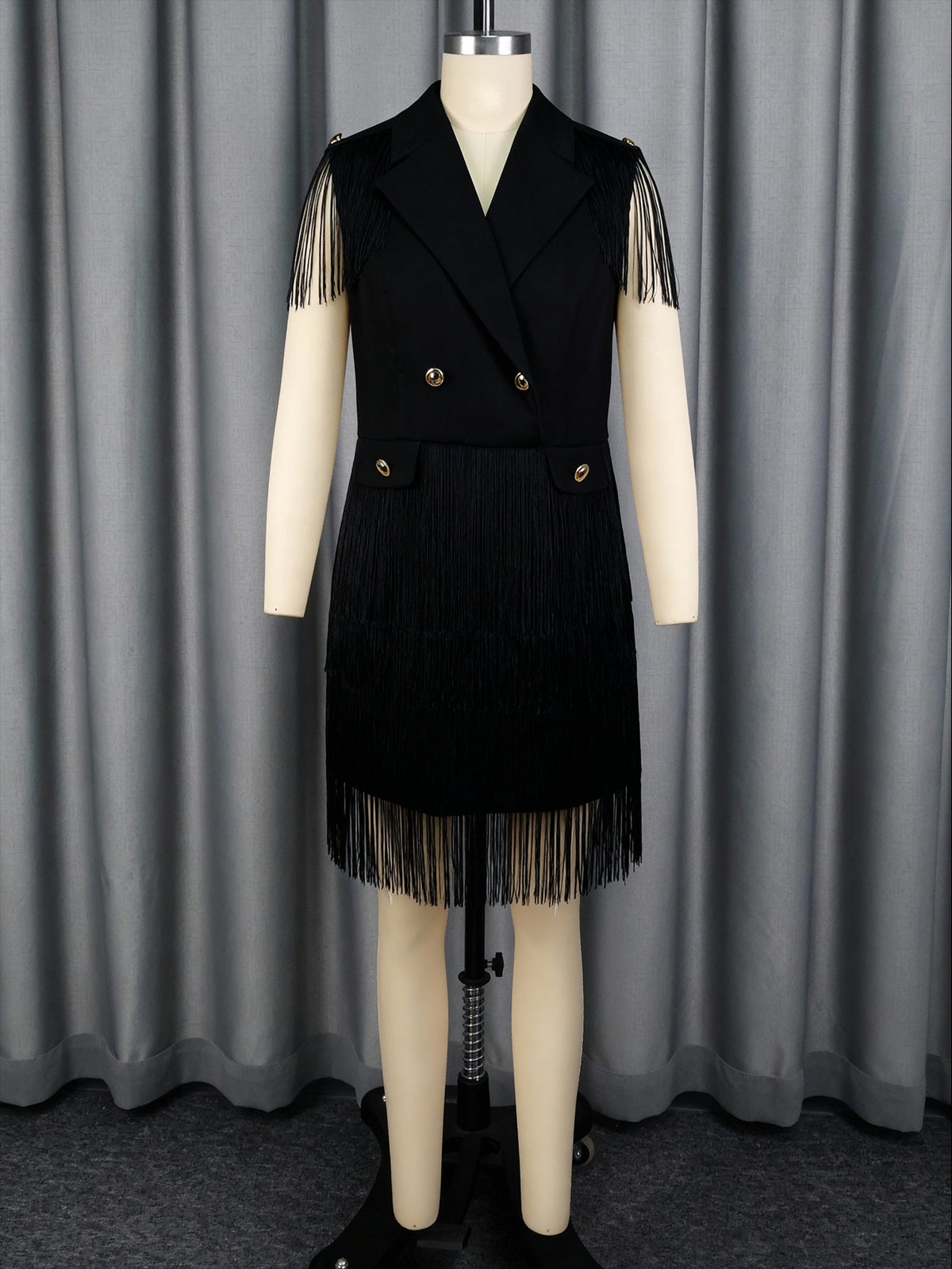 V neck Short Party Dress Double Breasted Waist-Tight Tassel Hem Office Dresses