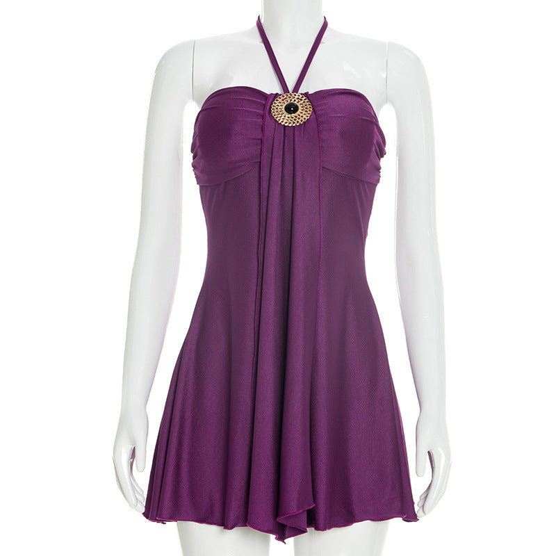 Women Clothing Summer Solid Color Sexy Tube Top Halter Strap Sleeveless Elegant Short Dress