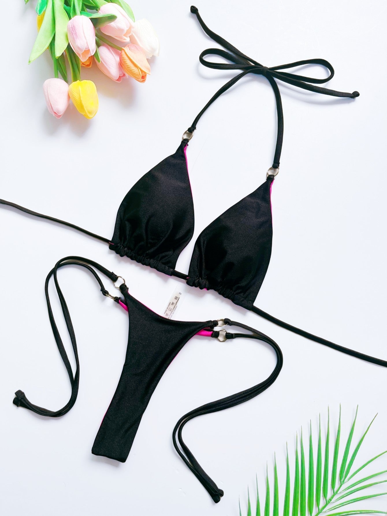 Lace Up Low Waist Bikini Set with Ring Detail and Halter Strap