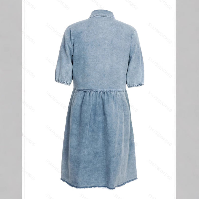 Washed Denim Ruffle Hem Dress in Light Blue Casual Bohemian