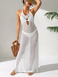 V-Neck Hollow Out Crocheted Knit Beach Dress with Side Slit