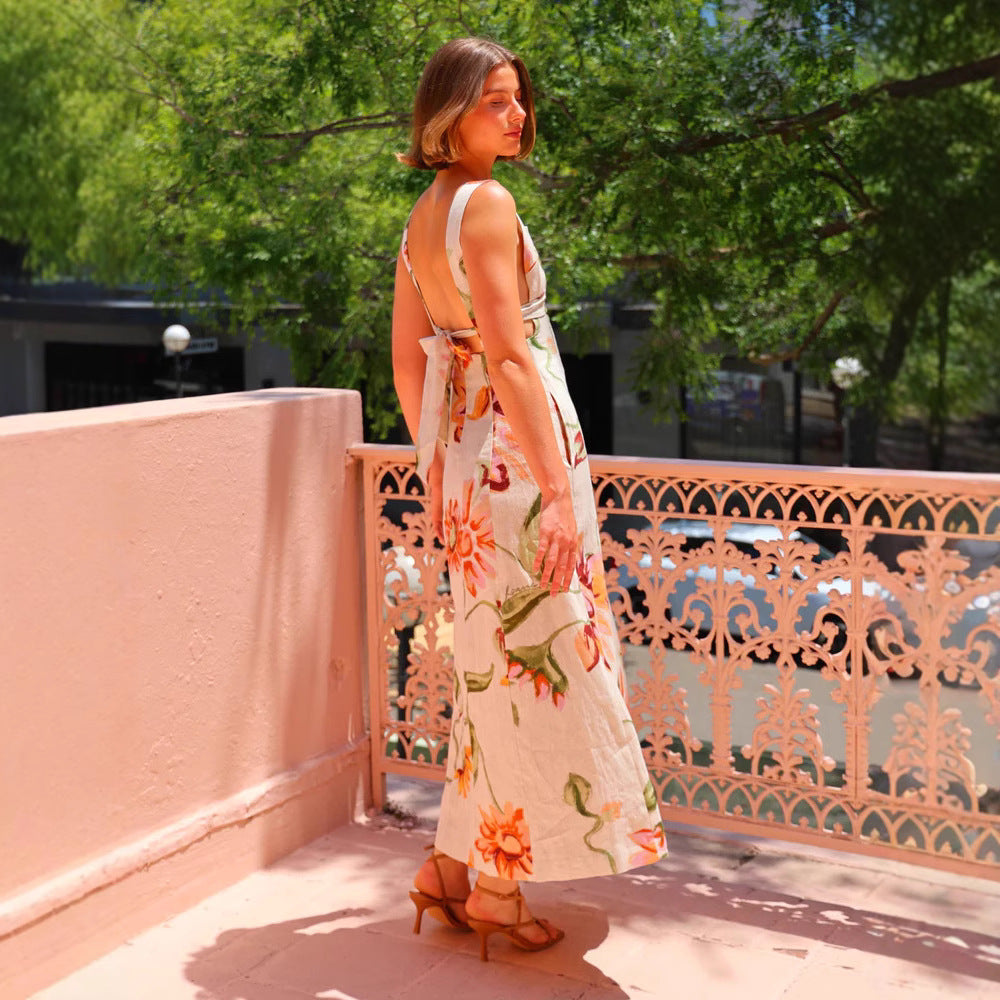 Summer Vacation Printed Maxi Dress Backless Sling Dress