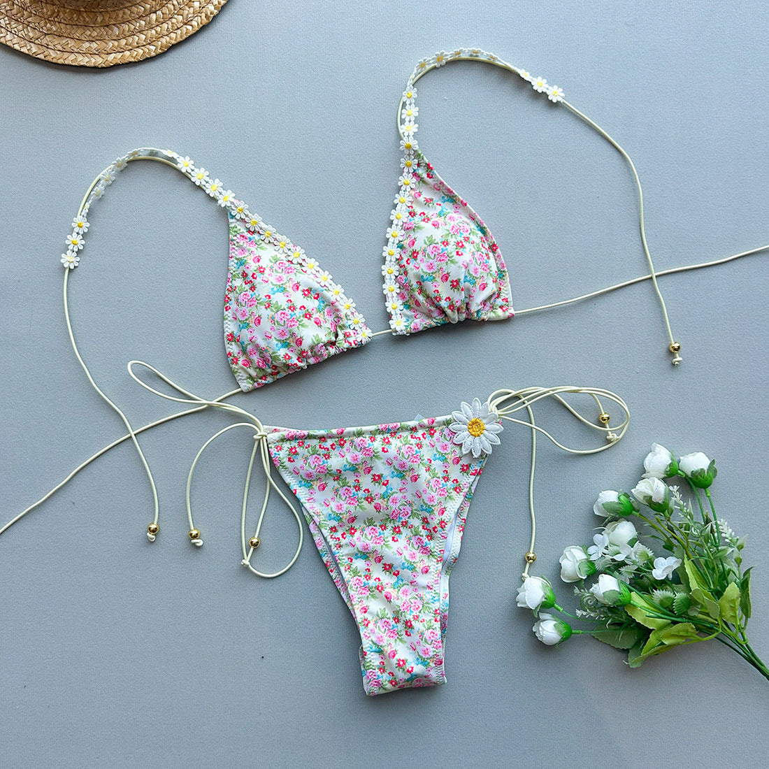 Floral Three-Piece Bikini Set with Ruched Asymmetric Detail