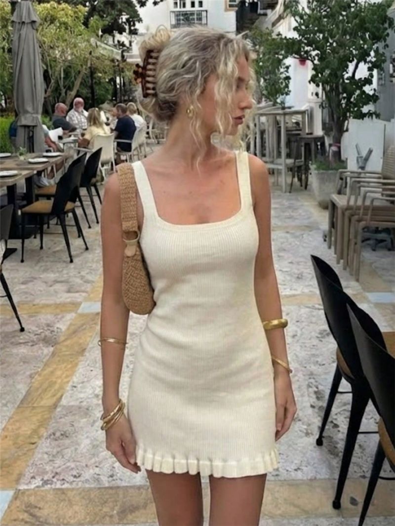 Spring Summer Square Collar Sleeveless Ruffled Hem Slim Knitted Cami Dress