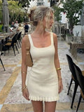 Spring Summer Square Collar Sleeveless Ruffled Hem Slim Knitted Cami Dress
