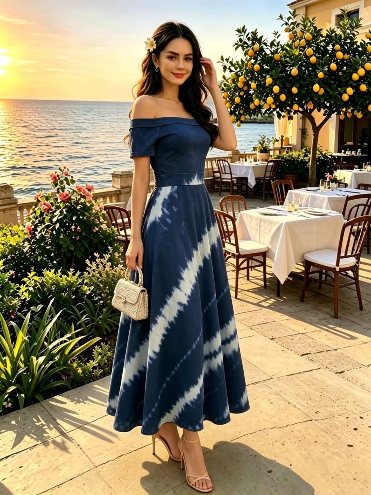 Printed Spring Summer off Shoulder Elegant Short Sleeve Slim Women Dress