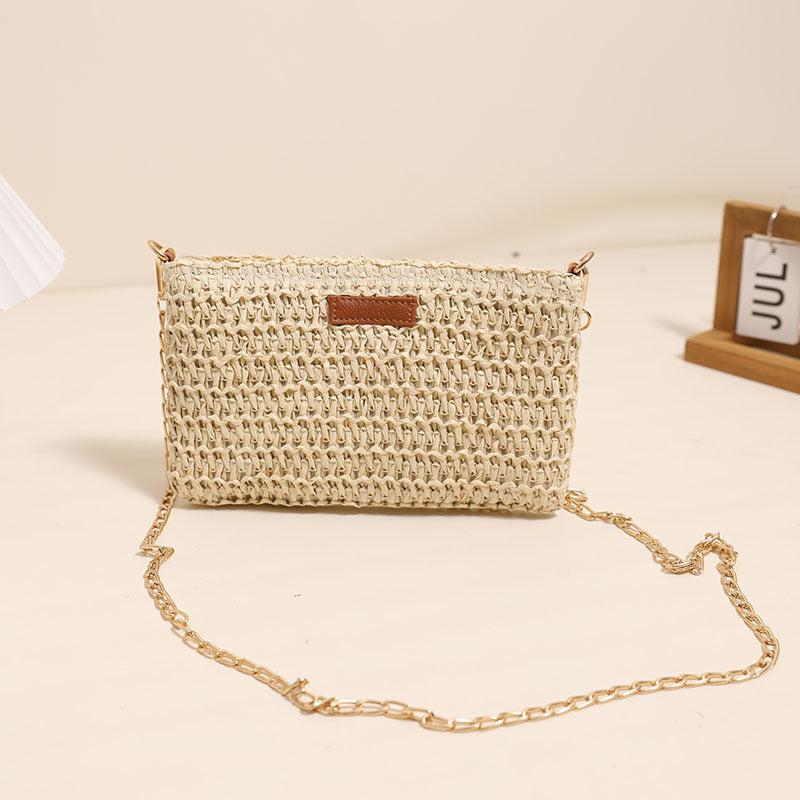 Woven Straw Crossbody Bag with Chain Strap for Summer Vacation