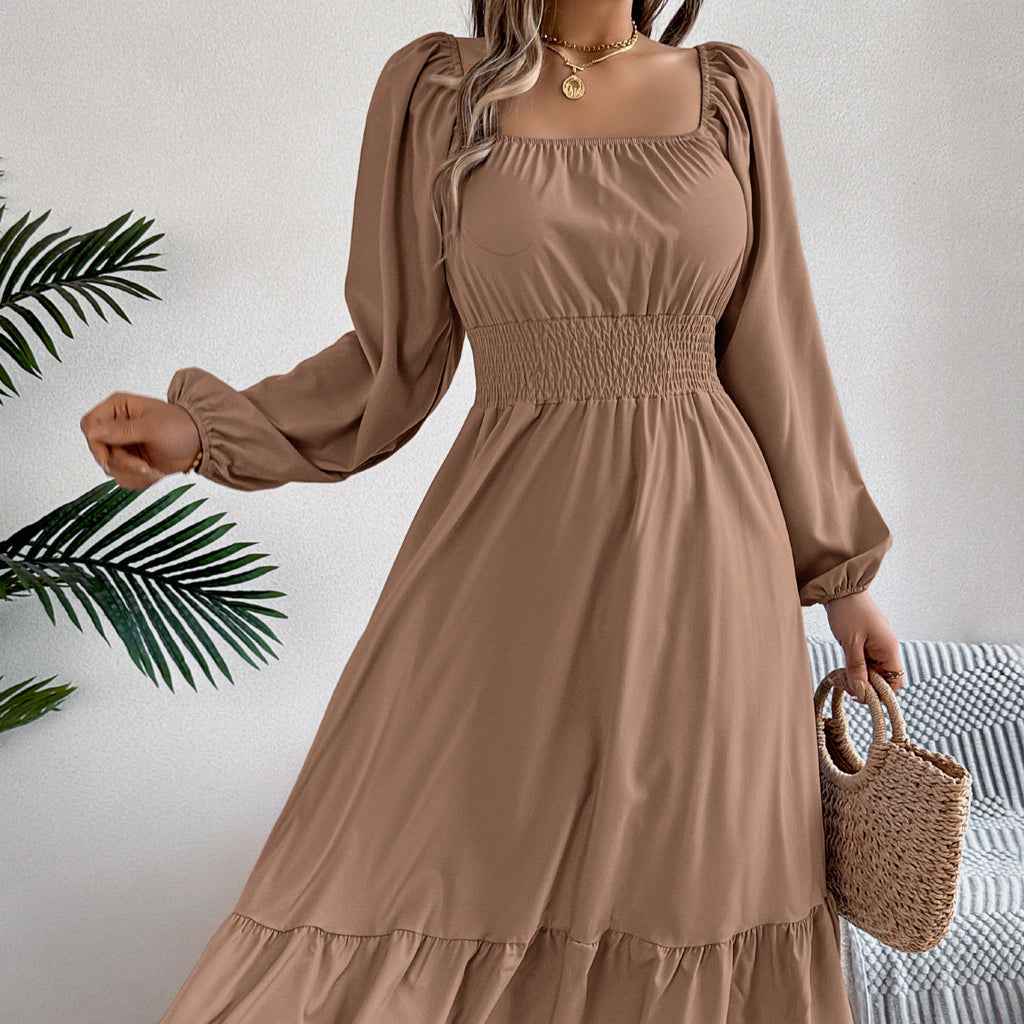 Spring Summer Casual Solid Color Square Collar Long Sleeve Waist Trimming Ruffles A line Dress Women Clothing