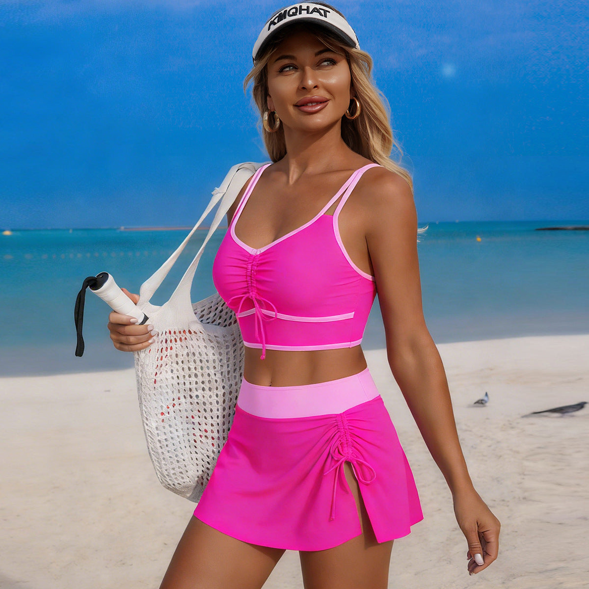 Women’s Sporty Drawstring Bikini Set with Ruched Cutout Details