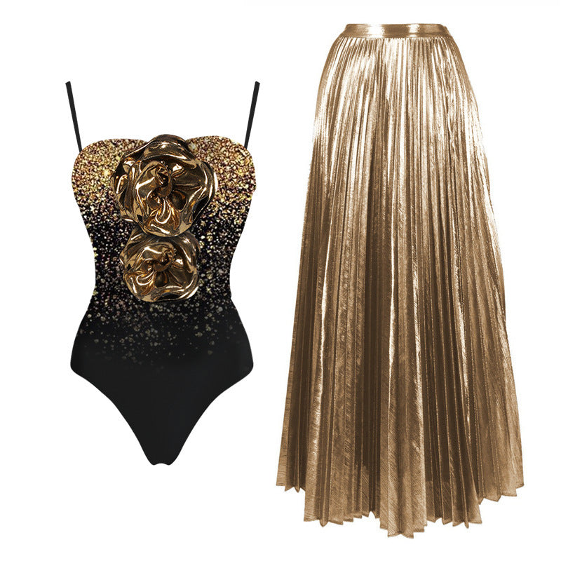 One Shoulder Boning Corset Ruffled Sequin One Piece Swimsuit
