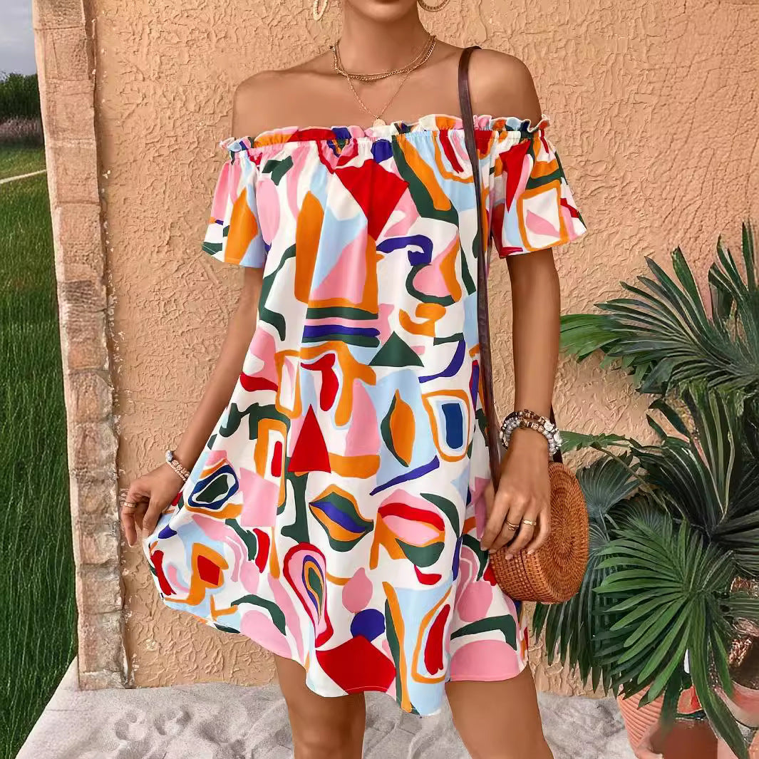 Summer Elegant Ladies Tropical Printing off the Shoulder Dress