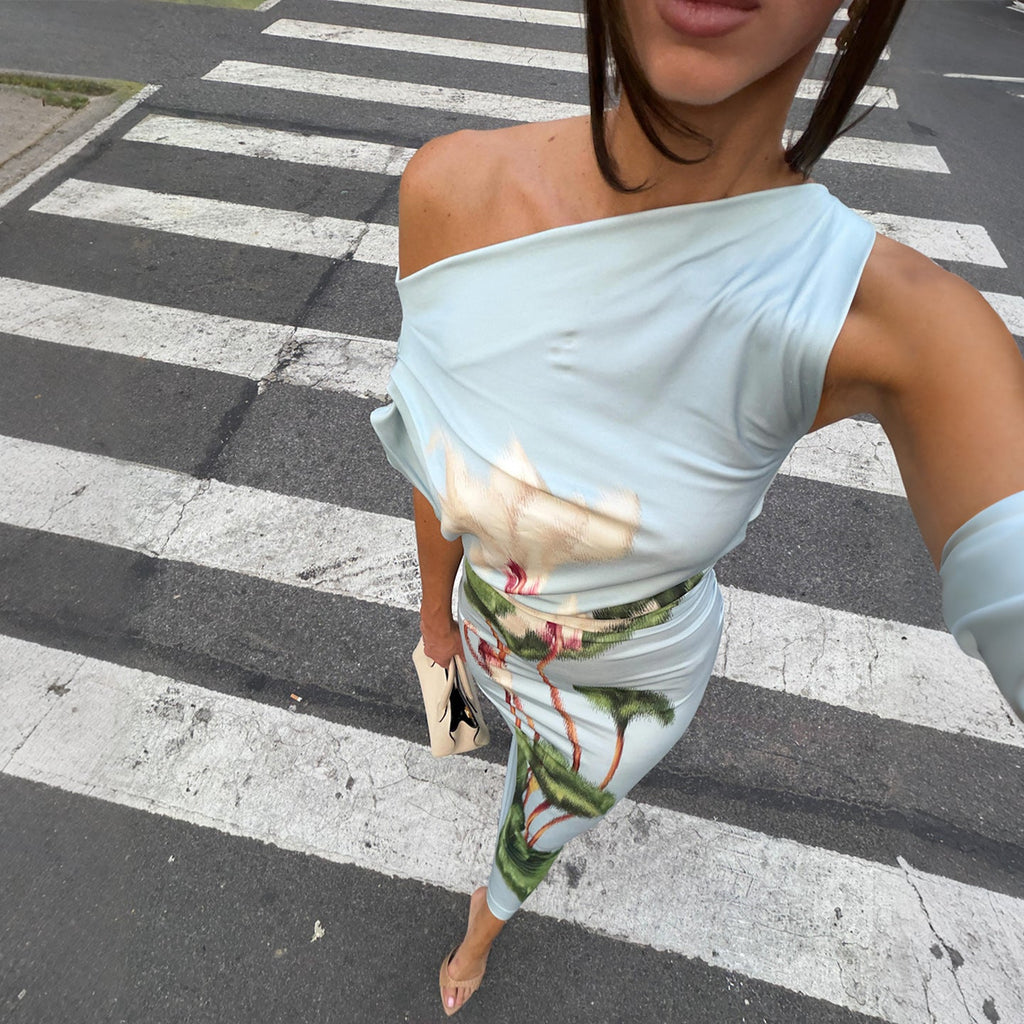 Summer Women Clothing Sexy Oblique Shoulder Collar Tight Waist Thin Looking Cool Printed Sheath Dress