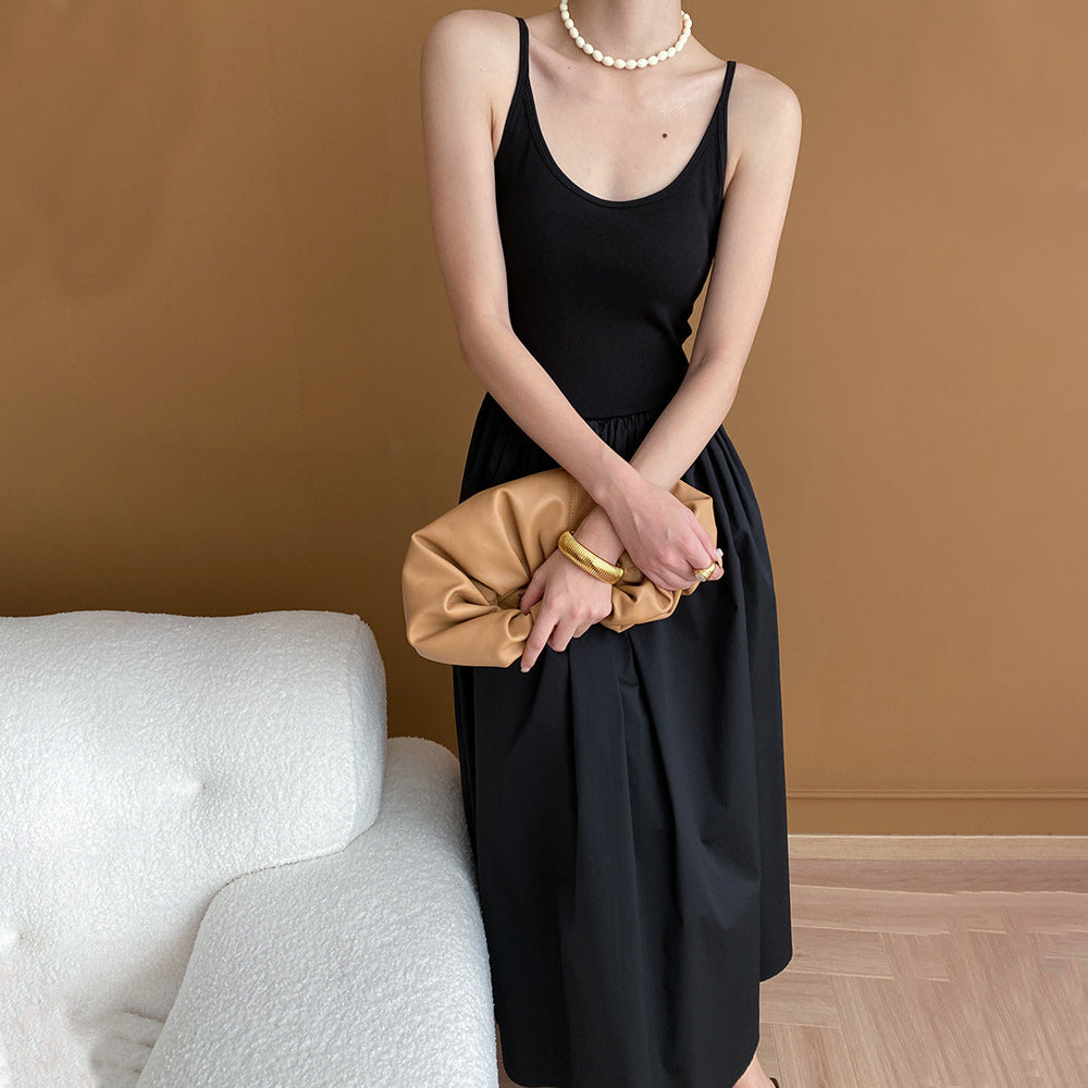 French Black High Grade Camisole Dress Summer High Waist Inner Wear A Line Dress Women
