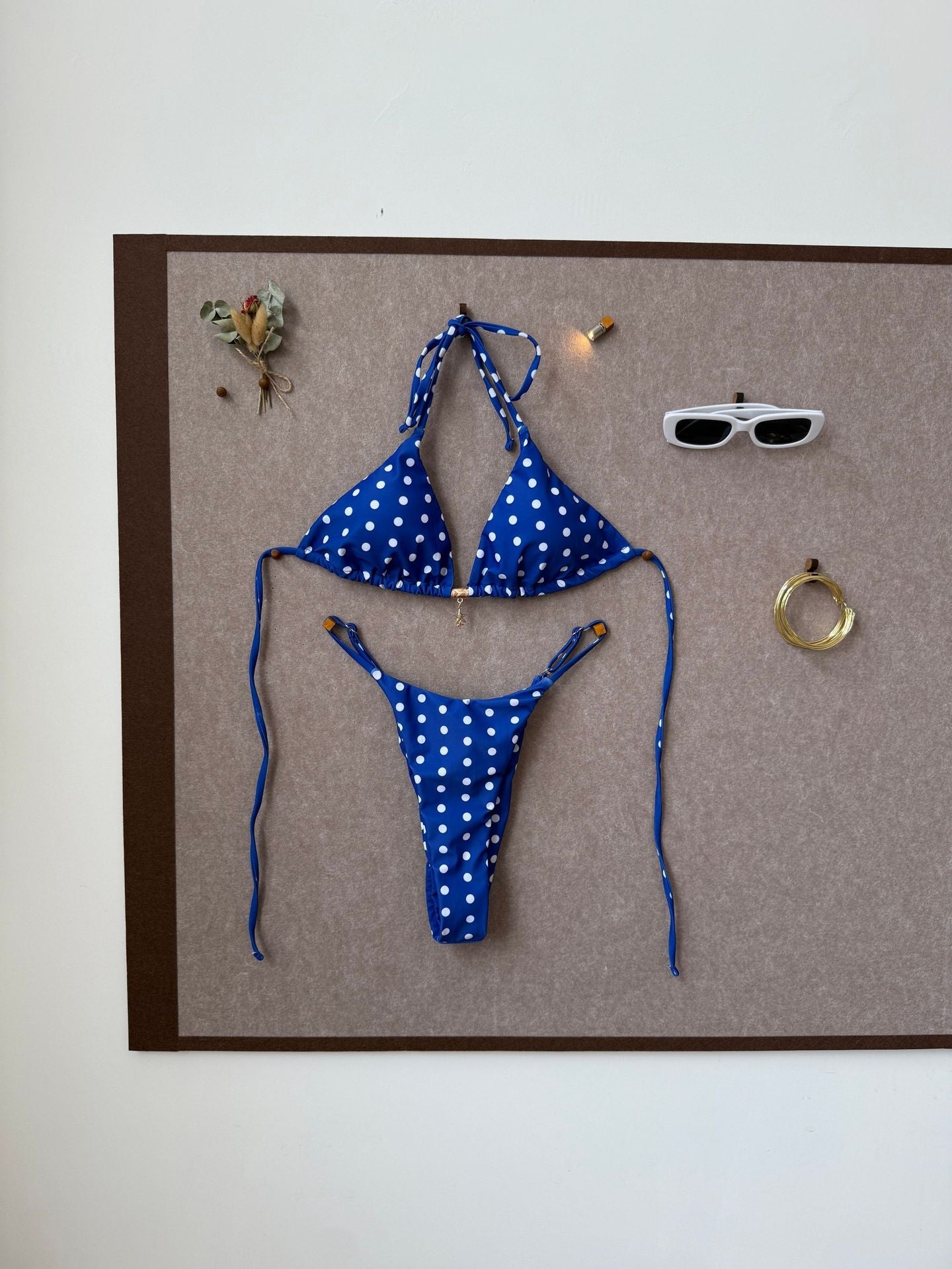 Polka Dot Halter Bikini with Color Splicing Detail