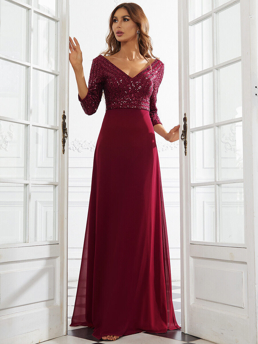 Women’s Chiffon Double V-Neck Sequin Evening Dress Slim A-Line