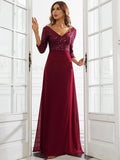 Women’s Chiffon Double V-Neck Sequin Evening Dress Slim A-Line