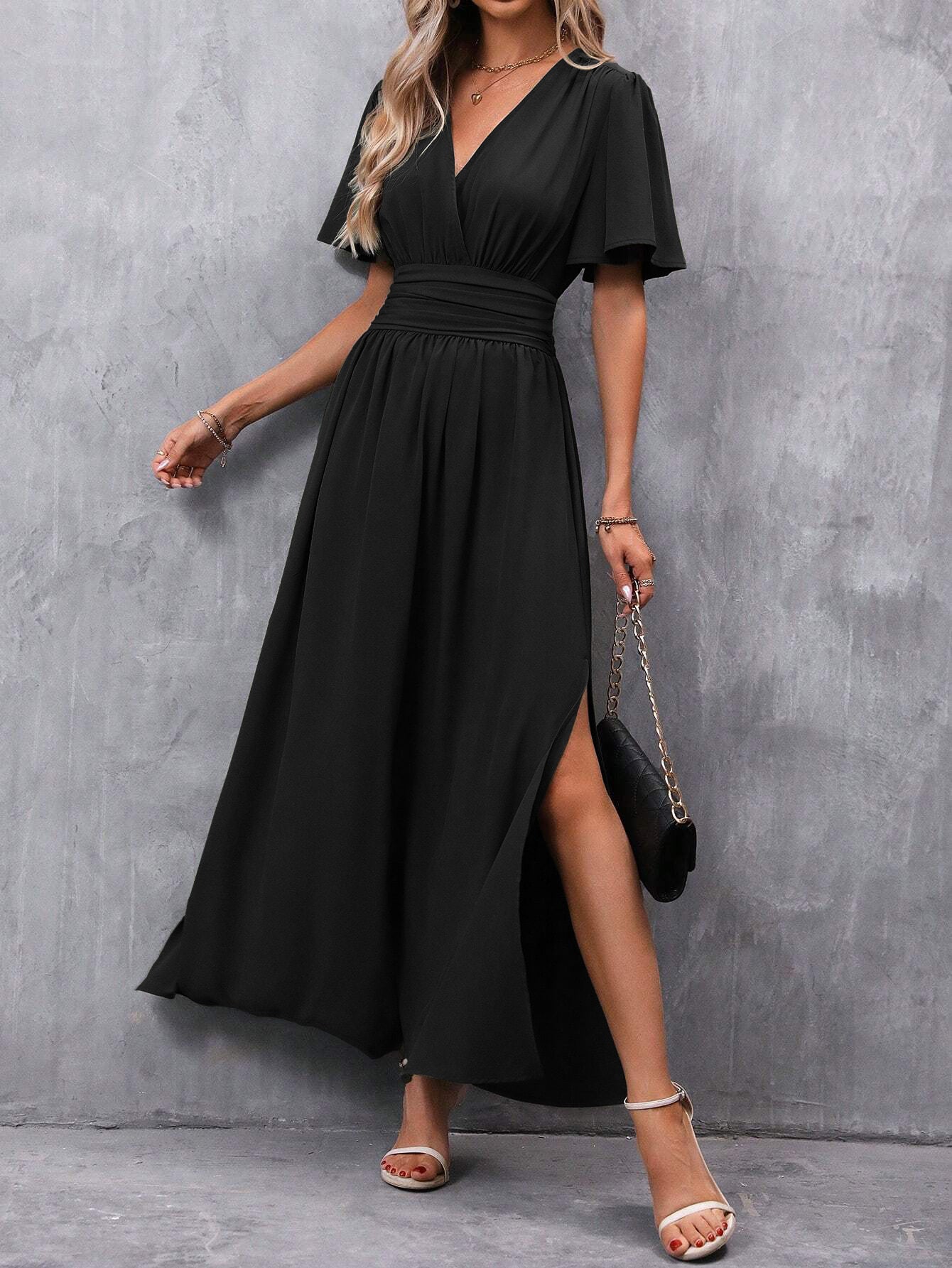 Elegant A-Line Split Dress in Solid Colors for Women