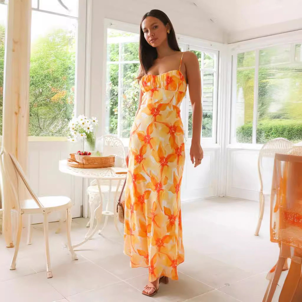 Fresh Sweet Summer Floral Print Backless Mid Length Dress