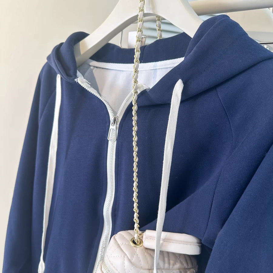 Women's Navy Blue & White Color-Blocked Cropped Hoodie - Image 3