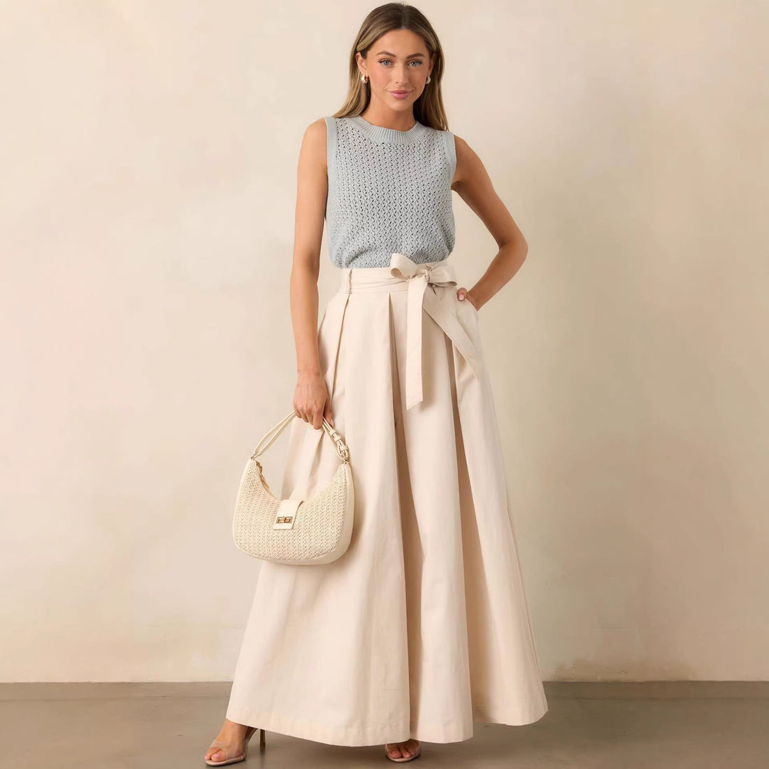 Women's Apricot High-Rise Belted Pleated Straight Leg Pants - Image 2