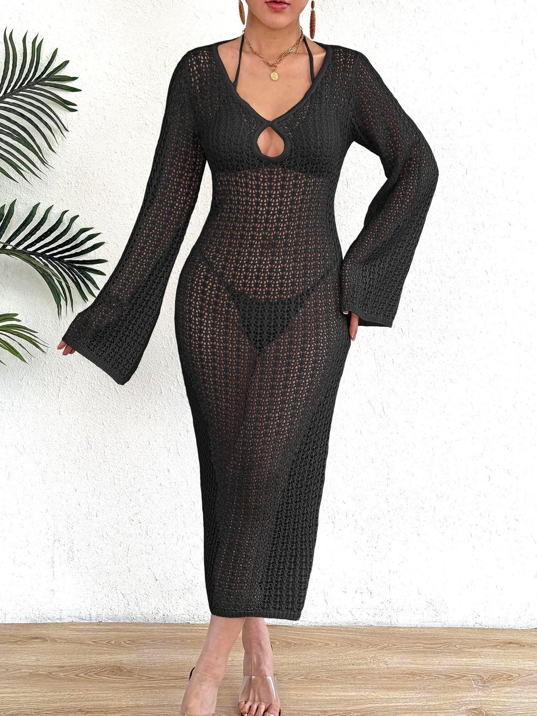 Women Hollow Out Deep V Mesh Maxi Beach Dress Long Sleeve Cover Up