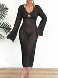 Women Hollow Out Deep V Mesh Maxi Beach Dress Long Sleeve Cover Up
