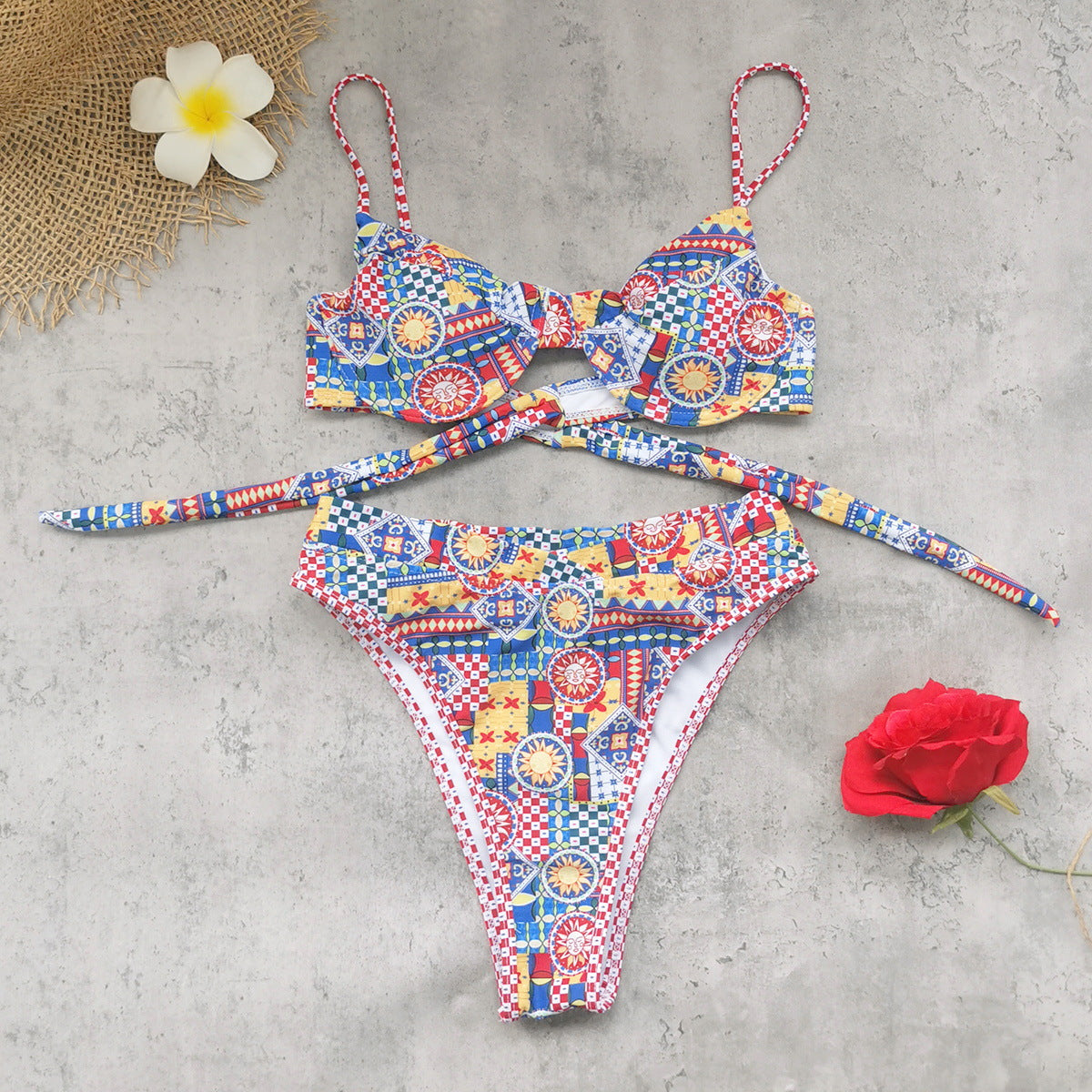Vintage Floral High Slit Triangle Bikini Set