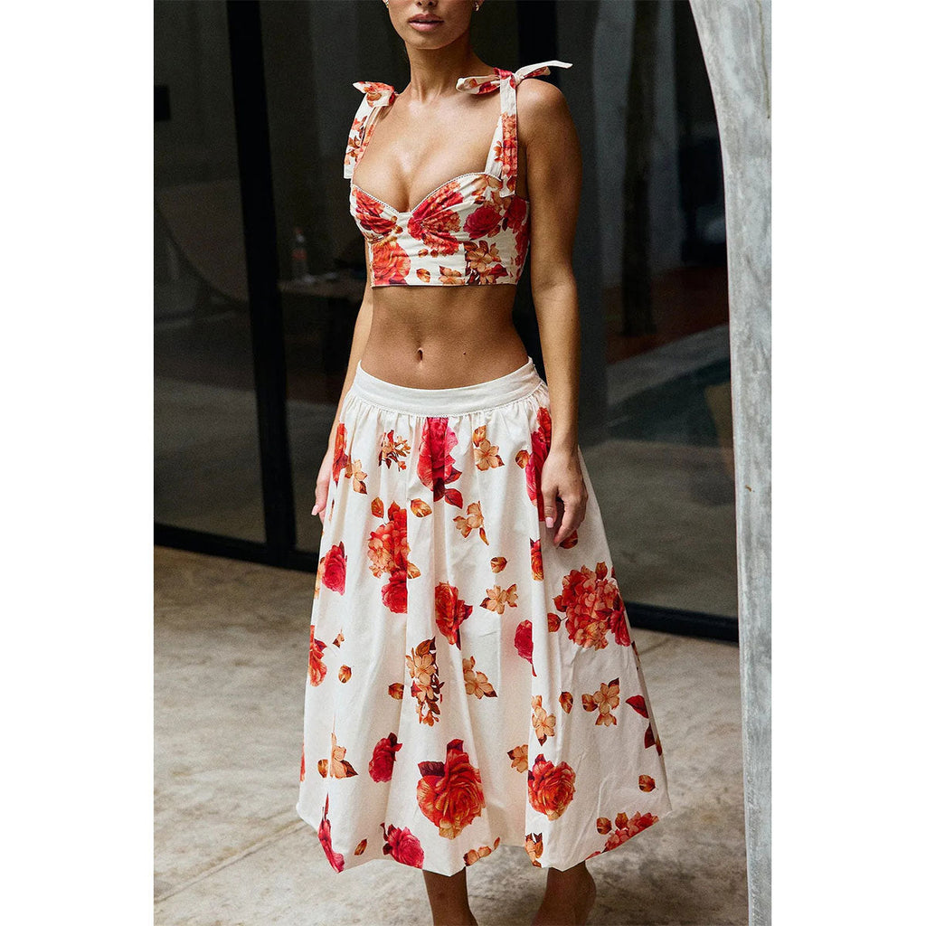 Retro Printed Lace Band Tube Top Slip on Split Swimsuit Women Half Length Mesh Skirt Set Bikini
