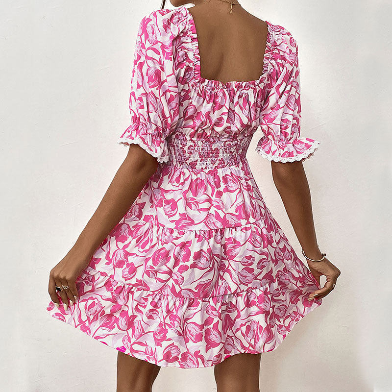 Summer A Line Puff Sleeve Women Short Sleeve Lace up Smocking Dress