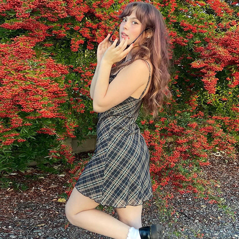French Spring Sweet Fresh Plaid Strap Sexy Lace Stitching Dress A Line Dress