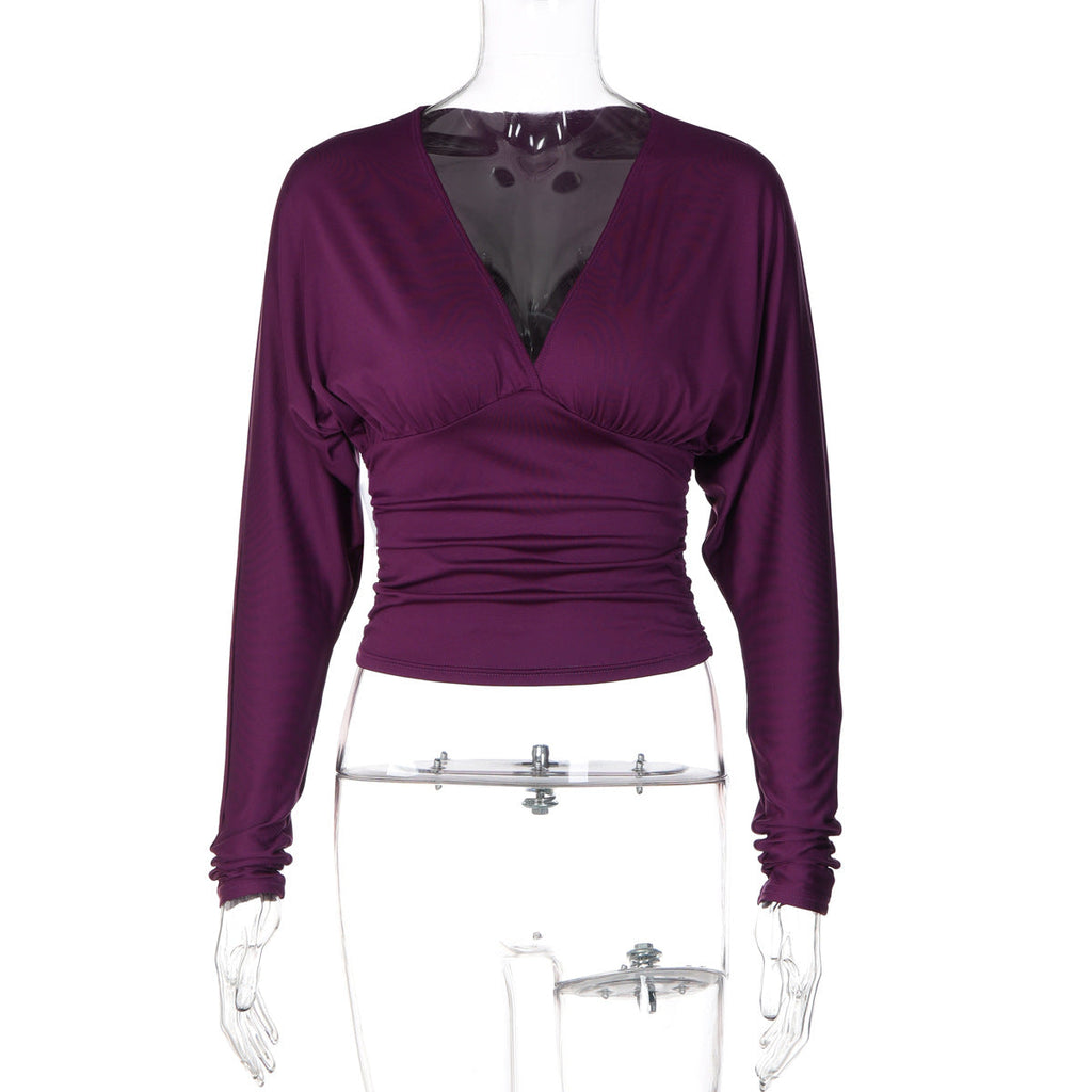 Women Clothing Summer Solid Color Long Sleeve V neck Tight Waist T shirt