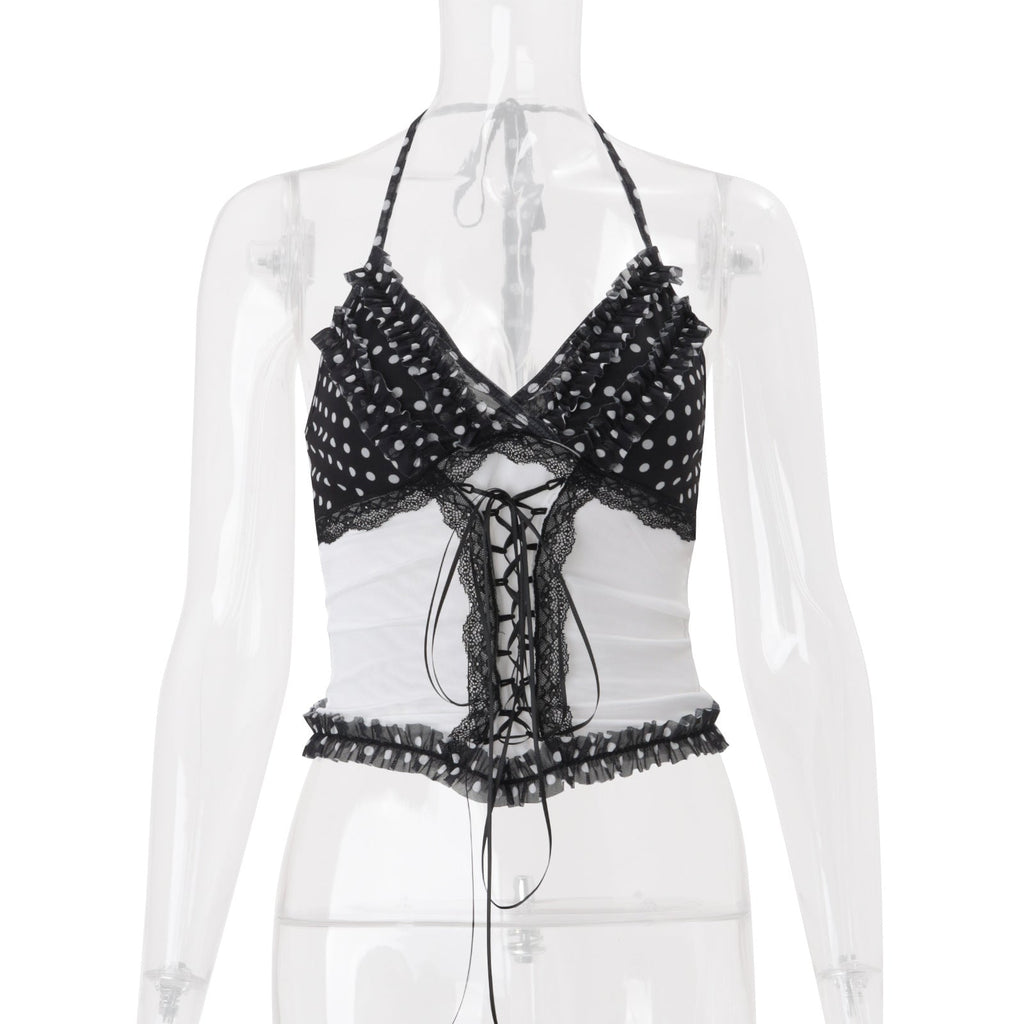 Women Clothing Summer Sexy Lace Slim Fit Patchwork Contrast Color Halter Backless Top