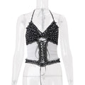 Women Clothing Summer Sexy Lace Slim Fit Patchwork Contrast Color Halter Backless Top