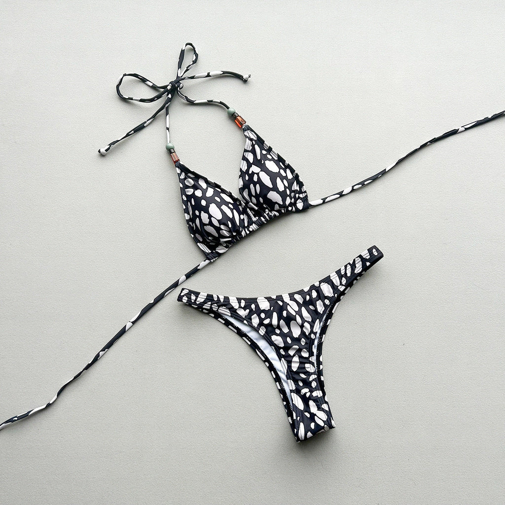 Abstract Printed Halter Bikini Set in Black and Cream