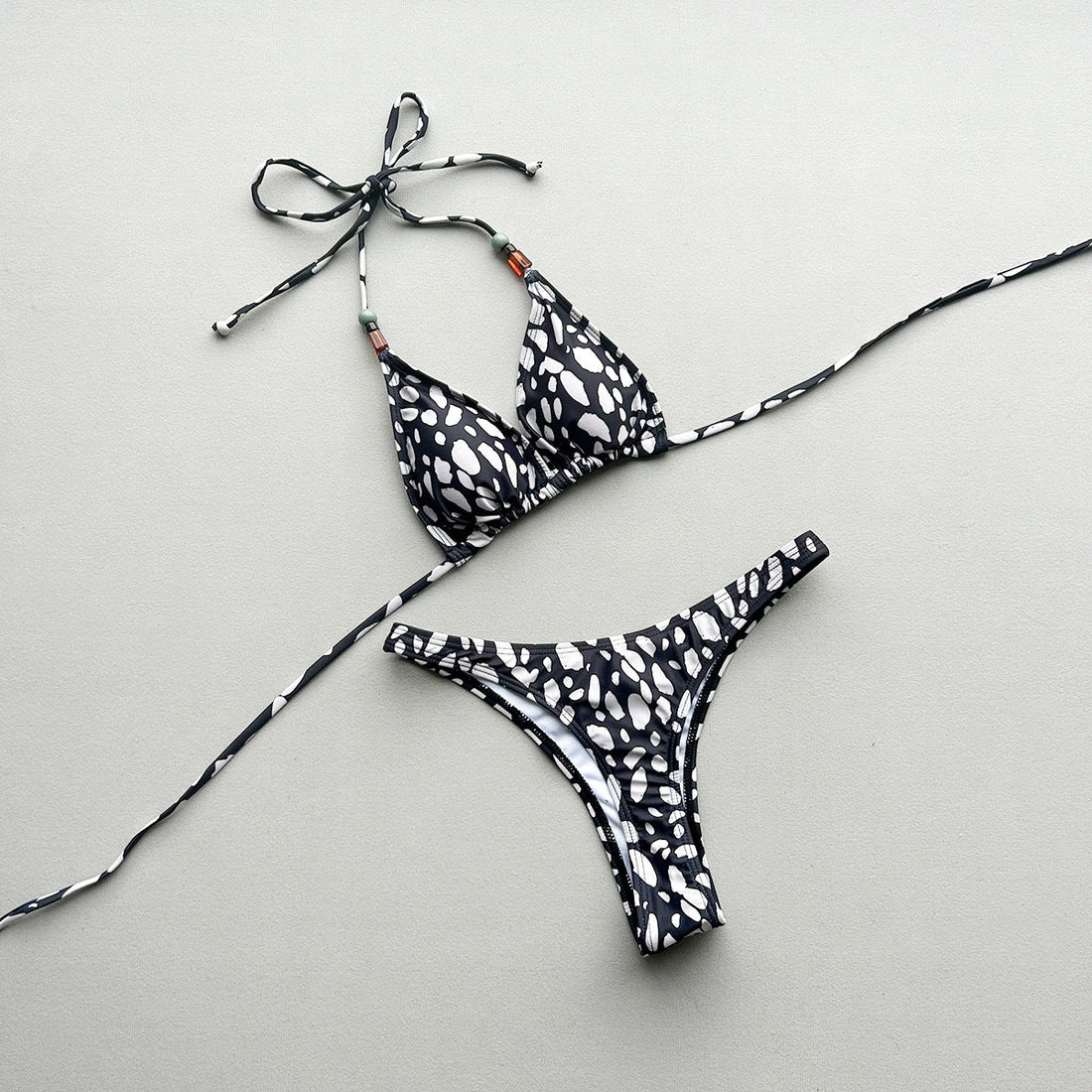 Abstract Printed Halter Bikini Set in Black and Cream