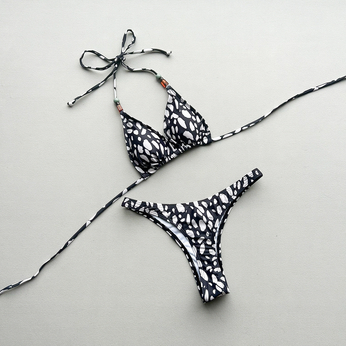 Abstract Printed Halter Bikini Set in Black and Cream