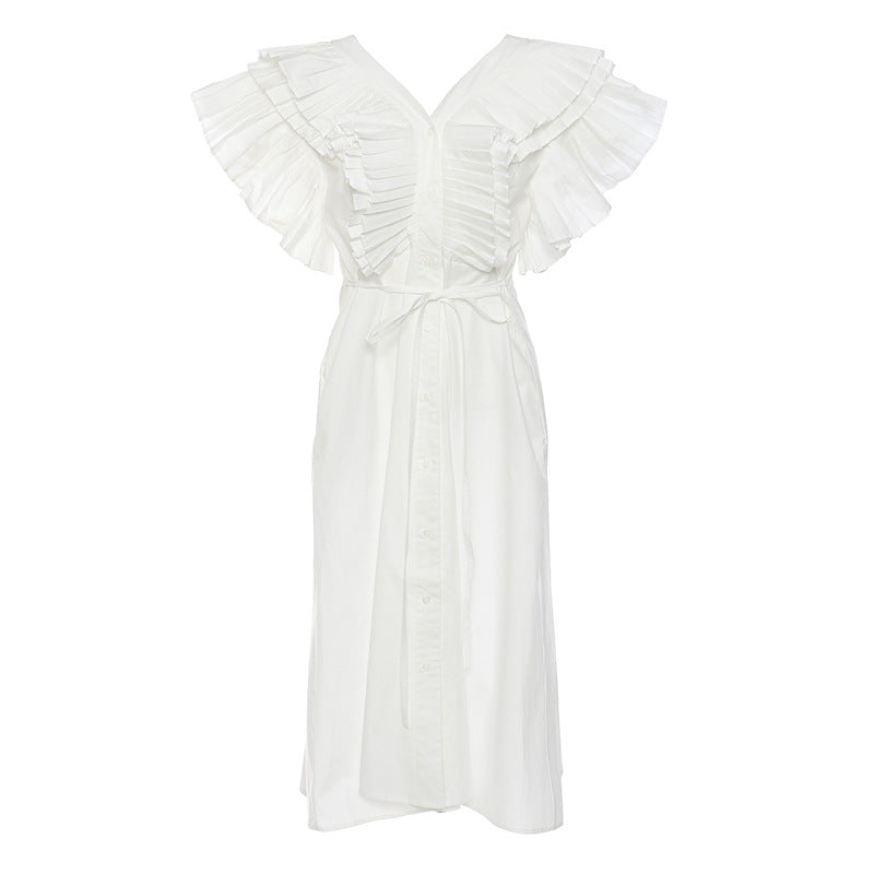 Romantic Beautiful Heavy Industry Pleated V Neck Long Tie Shirt Dress Women