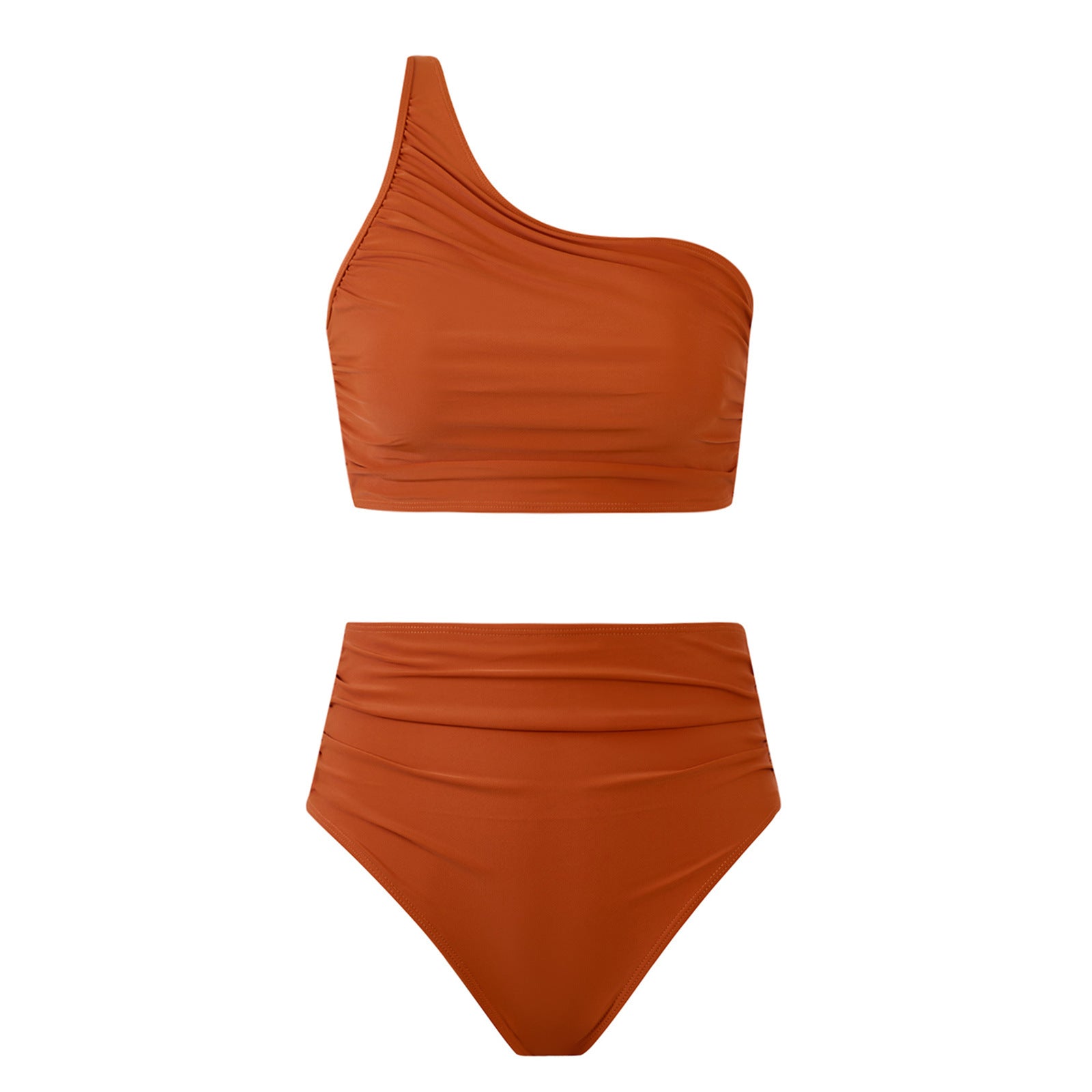 High Waist Ruched Bikini Set with Asymmetric Single Strap Design