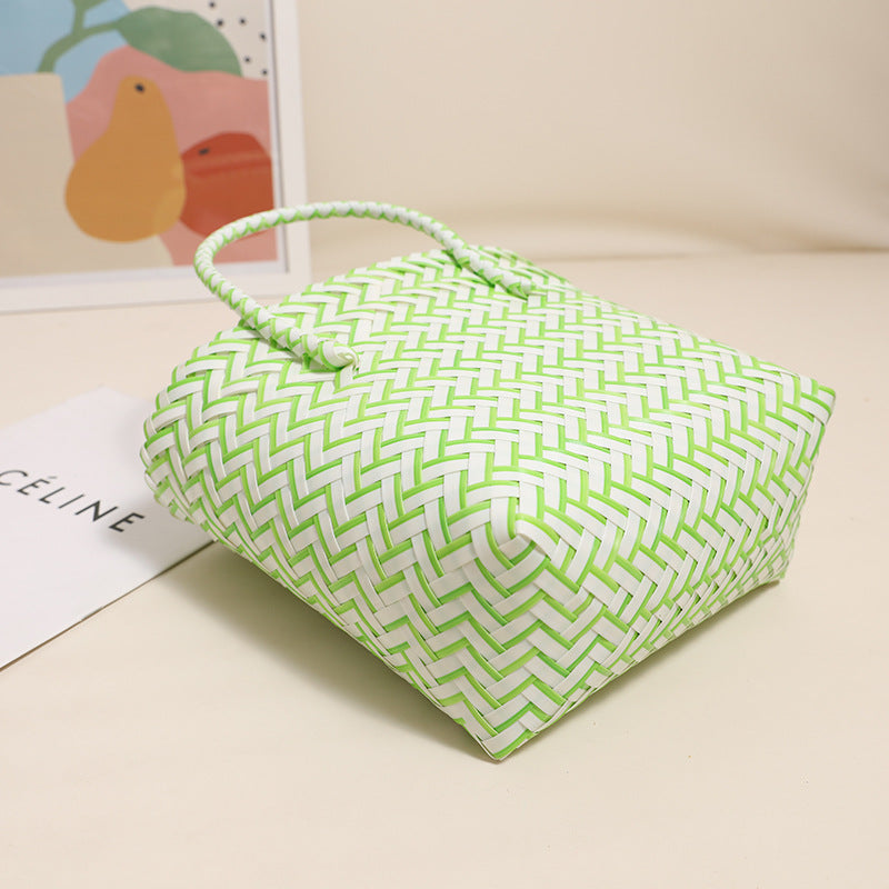 Cute Portable Plastic Woven Bag Fresh Square Straw Bag Vacation Beach Bag All Match Vegetable Basket Bag