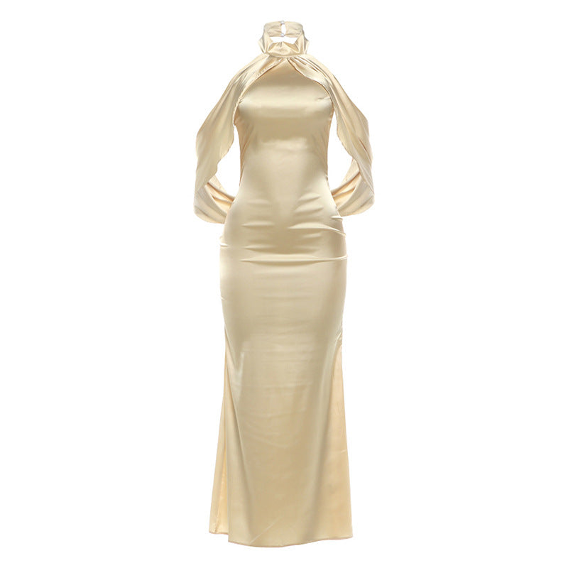 Summer Women Elegant Slim Fit Shoulder Sleeve Irregular Asymmetric Backless Sexy Sheath Dress for Women