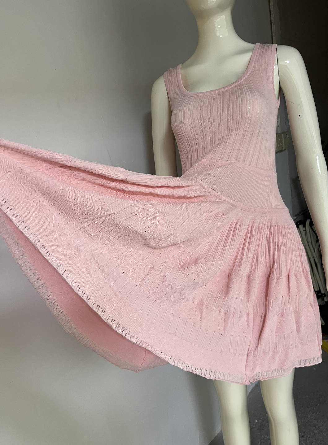 Spring Summer Slim Vest Knitted Dress Women Hollow Out Cutout-out Cinched Sleeveless Puff Short Women