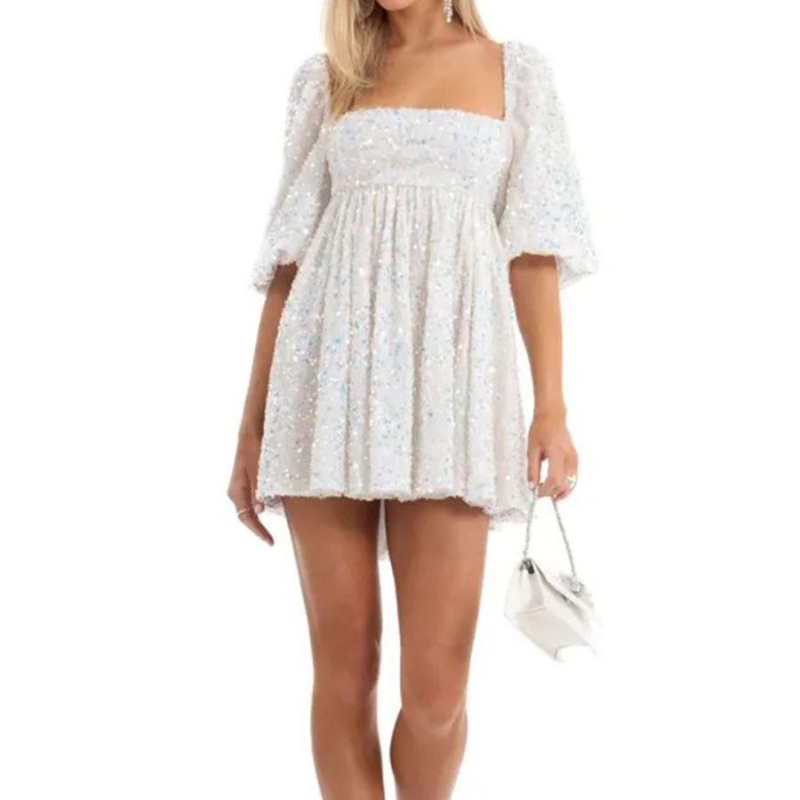 Plus Size Loose Version Sequin Dress Summer Casual round Neck Short Sleeve Solid Color Wide Hem Dress