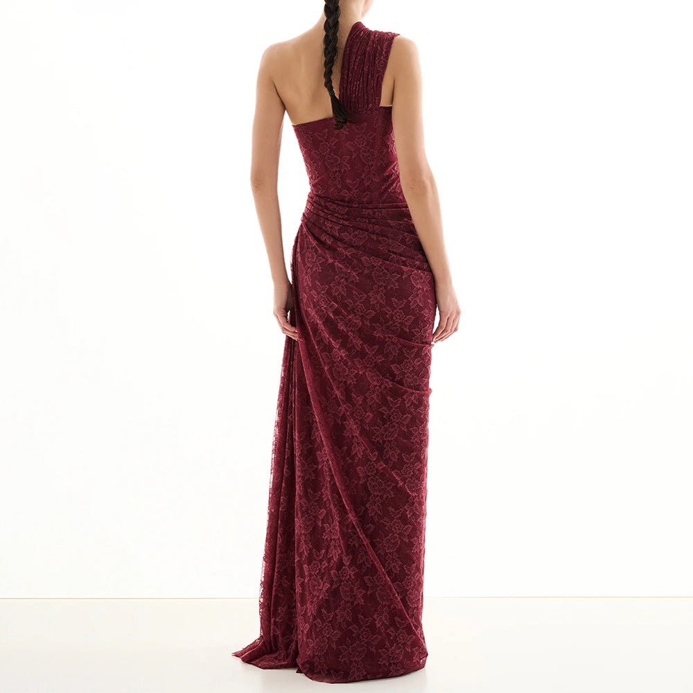 Burgundy Deep V-Neck Lace Fishtail Evening Gown