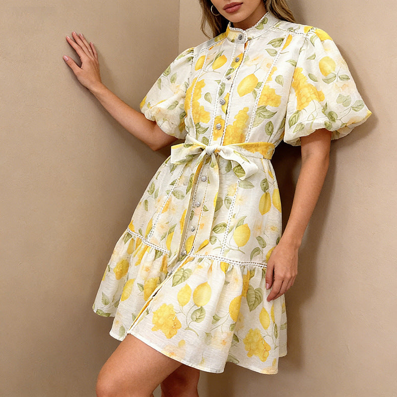 French Casual Printed Dress Small Stand Collar Single Breasted Puff Sleeve Lace up Cinched Short Dress Women