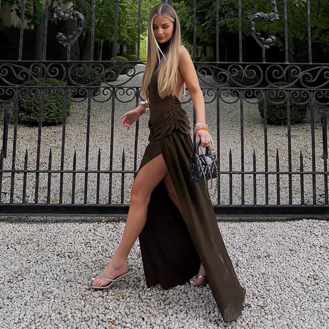 Sexy Halter Mesh Patchwork Maxi Dress with Slit and Backless Cut