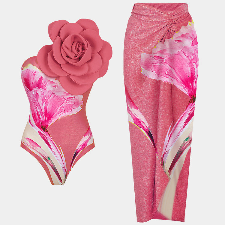 One Piece Swimsuit Women Skinny Slimming Big Floral Bubble Printing Swimsuit Outfit Chiffon Dress